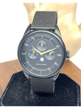 Filippo Loreti Men's Watch Moonphase Quartz Black Stainless Steel Mesh Band 40mm